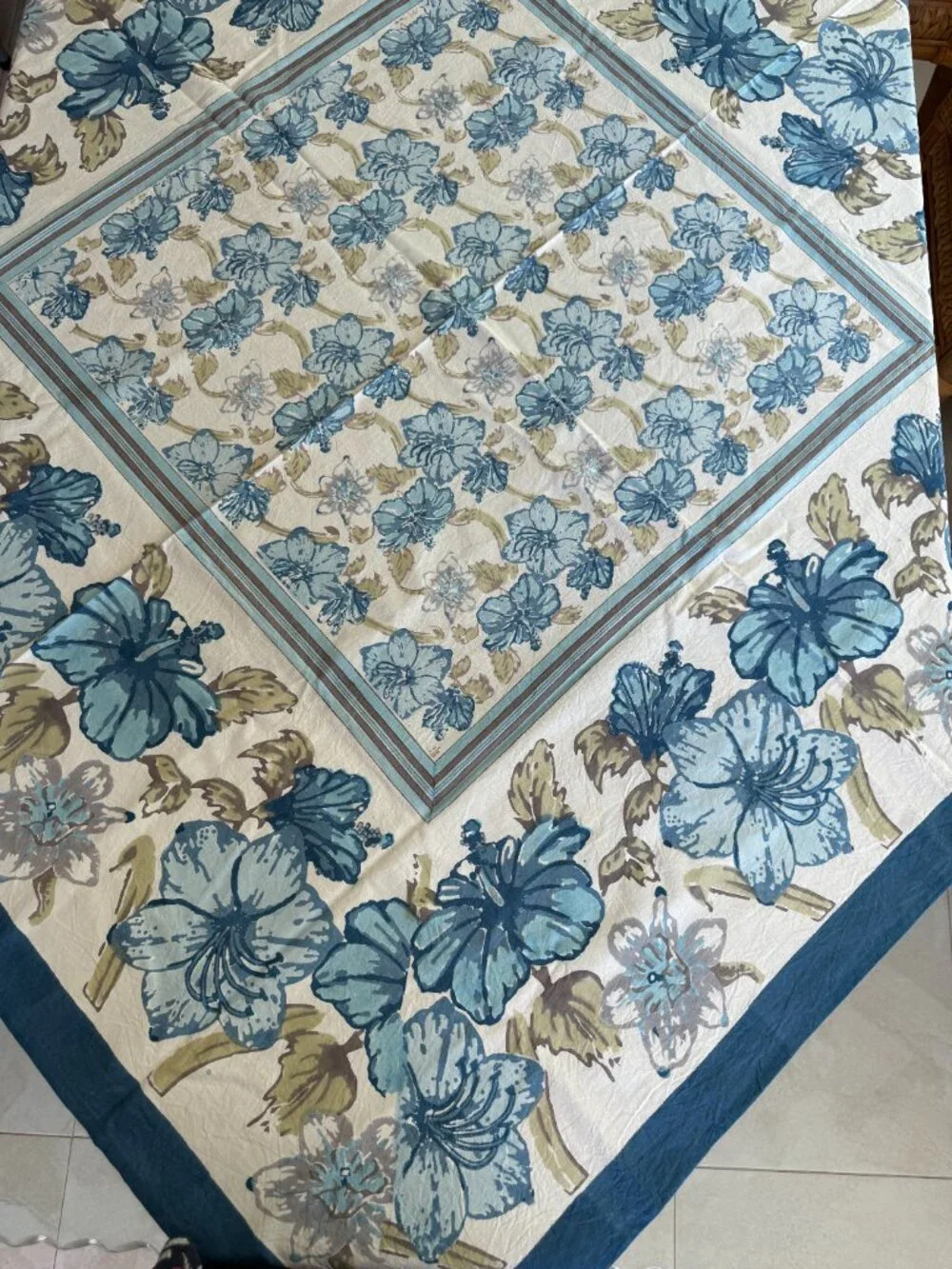 Vintage Couleur Nature by Bruno Lamy Tablecloth 59x59 Blue Hibiscus Hand Block